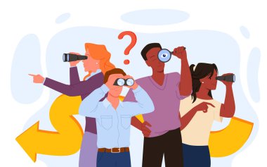 Teamwork search for opportunity, analysis of idea, way of solving problem vector illustration. Cartoon male and female worker characters look forward through magnifying glass, spyglass, binoculars
