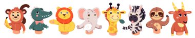 Puppet theater dolls set vector illustration. Cartoon cute isolated forest and farm animals for kids performance show on theatre stage, marionette characters for educational story in kindergarten