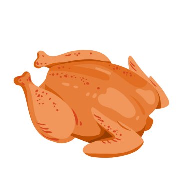 Cartoon isolated whole roasted or baked chicken with delicious toasted crust, hot tasty food for lunch or dinner at home, cafe or restaurant. Whole fried chicken, top view vector illustration