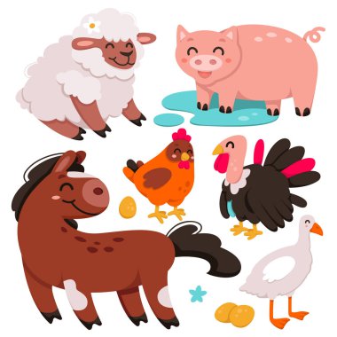 Cute farm animals and pets set vector illustration. Cartoon isolated domestic funny characters collection from village farmyard, happy little pig and sheep, chicken and turkey, horse with tail