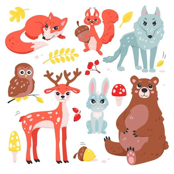 Cartoon Isolated Forest Characters Autumn Berry Fruit Plants Mushrooms Squirrel — 스톡 벡터