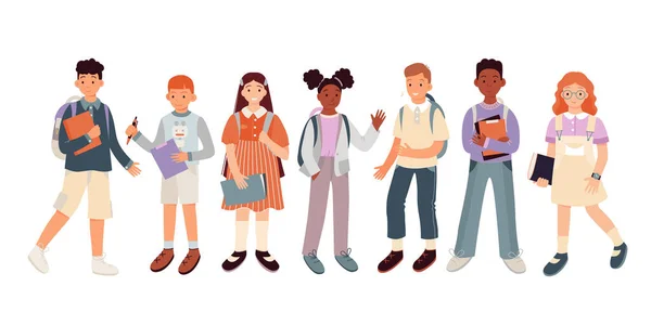 Cartoon Isolated Diverse Group Cute Children Students Primary School Standing — Vetor de Stock