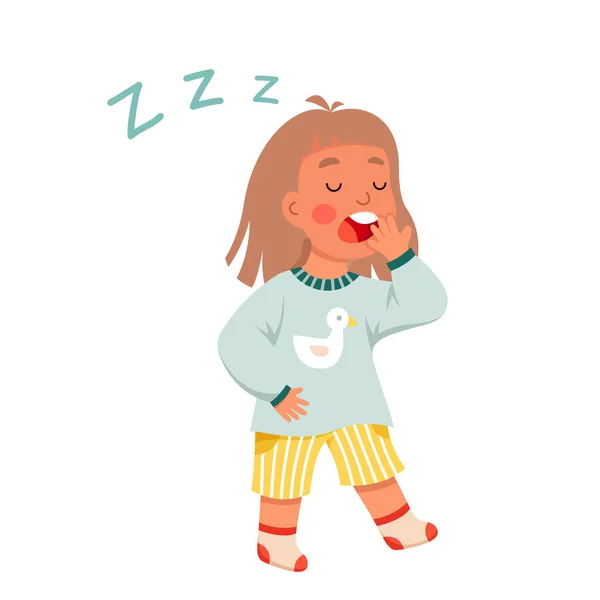 Sleepy Girl Sleepwalking Night Vector Illustration Cartoon Isolated Tired Kid — Vettoriale Stock