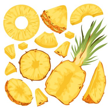 Pineapple fruit cut in half, fresh slices and pieces vector illustration. Cartoon isolated group of flying yellow segments, ripe juicy circles and falling triangle fragments, healthy vitamin snack