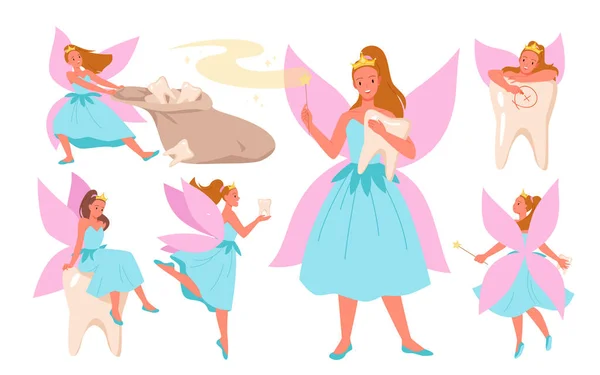 Tooth Fairy Set Vector Illustration Cartoon Isolated Pretty Godmother Holding — ストックベクタ