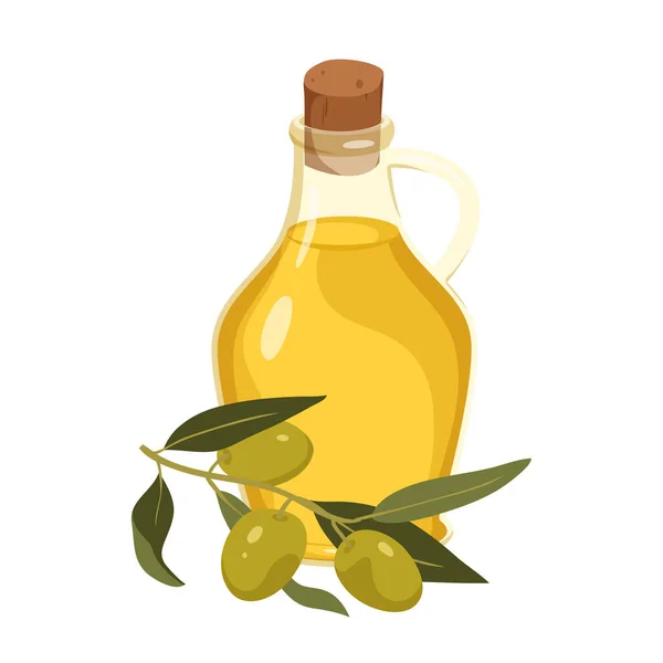 Olive Oil Bottle Branch Fruit Green Leaves Vector Illustration Cartoon — Vetor de Stock