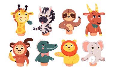 Cartoon cute isolated forest and farm animals for kids performance show on theatre stage, marionette characters for educational story in kindergarten. Puppet theater dolls set vector illustration