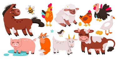 Cartoon isolated domestic funny characters collection from village farmyard, happy little pig and sheep, chicken and turkey, horse with tail. Cute farm animals and pets set vector illustration