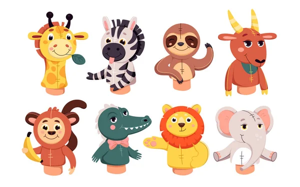 Cartoon cute isolated forest and farm animals for kids performance show on theatre stage, marionette characters for educational story in kindergarten. Puppet theater dolls set vector illustration