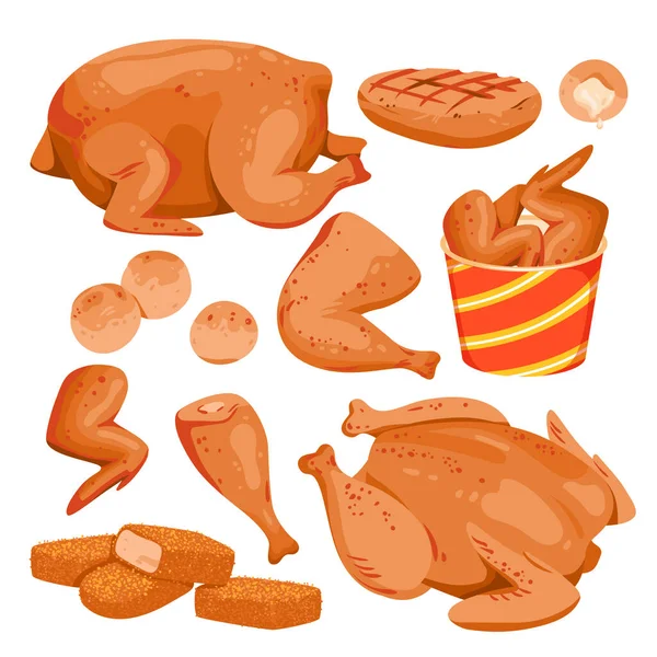 Cartoon Isolated Hot Roasted Fillet Breasts Tasty Spicy Drumsticks Wings — Stockový vektor