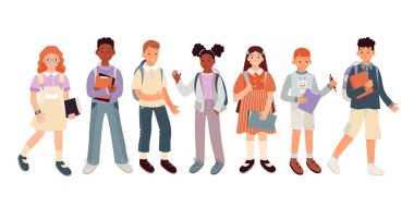 Schoolchildren set vector illustration. Cartoon isolated diverse group of cute children students of primary school standing with backpacks, bags and books, happy little girls and boys wave hand