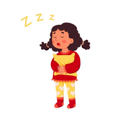Sleepy girl holding pillow and yawning vector illustration. Cartoon isolated cute kid in pajamas standing with funny face, closed eyes and open mouth, sleepwalk problem of tired child in bedtime