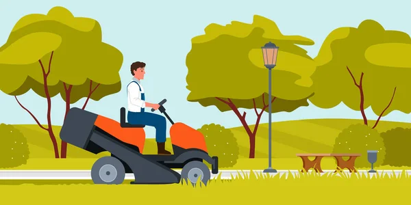 Man Mowing Grass Lawn Mower Tractor Vector Illustration Cartoon Worker — Stockový vektor