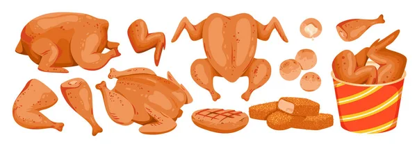 Fried Chicken Set Vector Illustration Cartoon Isolated Hot Roasted Fillet — Stockvector