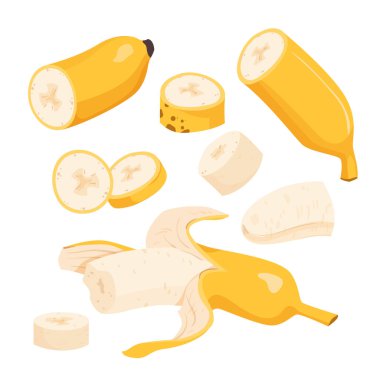 Cartoon isolated single half peeled fresh banana ready for eating or cooking healthy summer yummy desserts, organic sweet tropical food for vegan diet. Open banana with peel vector illustration