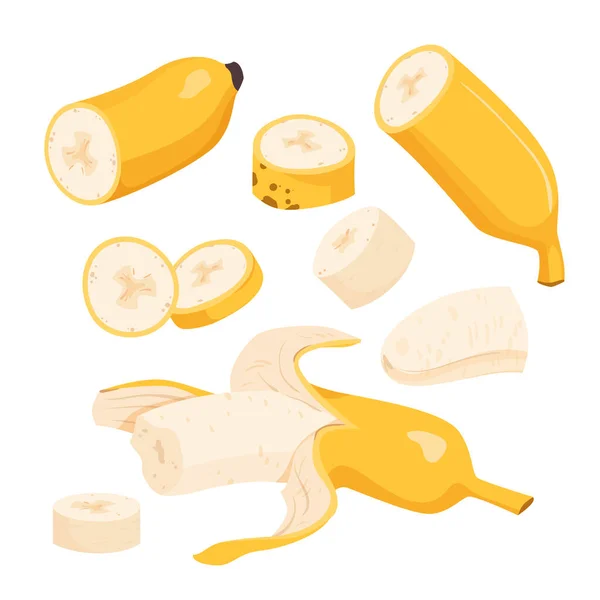 Cartoon Isolated Single Half Peeled Fresh Banana Ready Eating Cooking — 스톡 벡터