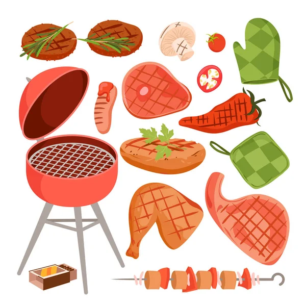 Cartoon Isolated Barbeque Menu Summer Party Meat Skewer Sausage Beef — Stock vektor