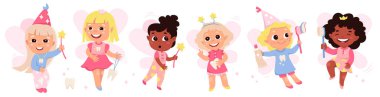 Cartoon isolated princess girls with crown and dresses holding toothpaste and toothbrush, first teeth of baby and magic wand, happy godmother with wings flying. Tooth fairy set vector illustration