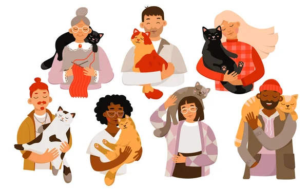 Pet Owners Holding Cats Set Vector Illustration Cartoon Isolated Portraits — Stock Vector