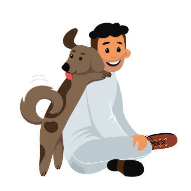 Happy boy and dog sitting together on floor vector illustration. Cartoon isolated portrait of funny best friends characters, puppy hugging kid, young little pet owner and animal friend playing