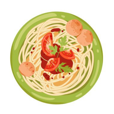 Spaghetti with meatballs on plate vector illustration. Cartoon isolated top view of pasta with tomato sauce and balls of ground meat, healthy dish of homemade or restaurant menu, Italian cuisine