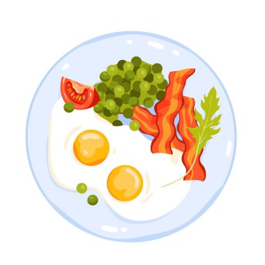 Protein English breakfast, cooking morning food with fat vector illustration. Cartoon isolated fried hot ham bacon pieces and eggs, green peas, parsley leaf and tomato slice on plate, top view