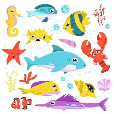 Cartoon isolated funny aquatic characters, happy whale and octopus, swimming seahorse and tortoise, clownfish smiling. Cute fishes and underwater animals