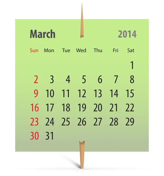 Calendario de marzo de 2014 — Vector de stock