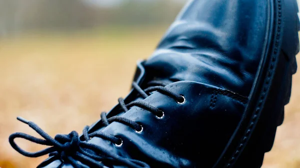 Men Black Leather Shoes Close — Stock Photo, Image