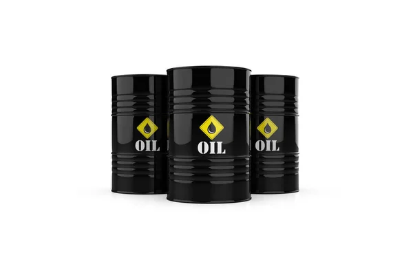 3 Black barrels of oil on a white bright background. Oil prices inflation. Oil Price rising. Oil Price falling. 3D rendering illustration.