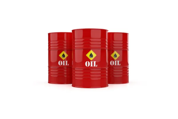 three Red barrels of oil on a white bright background. Oil prices inflation. Oil Price rising. Oil Price falling. 3D rendering illustration.