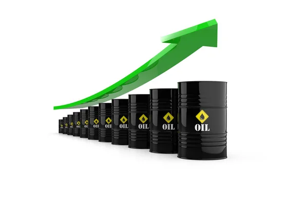 Oil Price rising. Black barrels of oil on a white bright background. Oil prices inflation. Oil Price falling. 3D rendering illustration.
