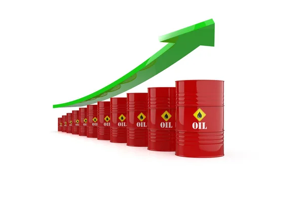 Oil Price rising. Red barrels of oil on a white bright background. Oil prices inflation. . Oil Price falling. 3D rendering illustration.