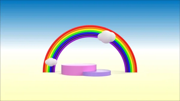 3D render of podium to display product. kids product display podium with rainbow and heart background. High resolution play way podium render for children