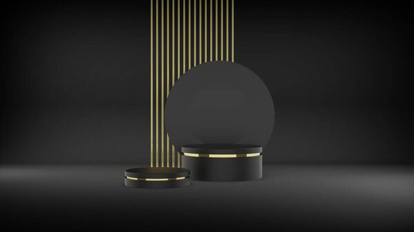 Black and golden podium background for product display. Perfume and beauty product golden black studio background abstract 