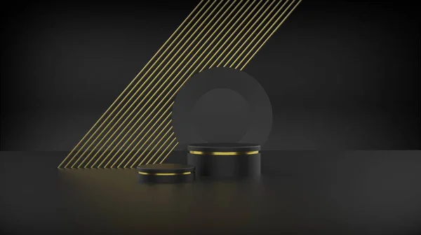 Ürün sergisi için siyah ve altın podyum arka planı. Kozmetik ürünü, altın rengi, siyah stüdyo soyut. 