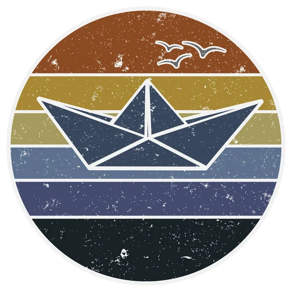 Papieren boot op water, maritiem retro logo — Stockvector