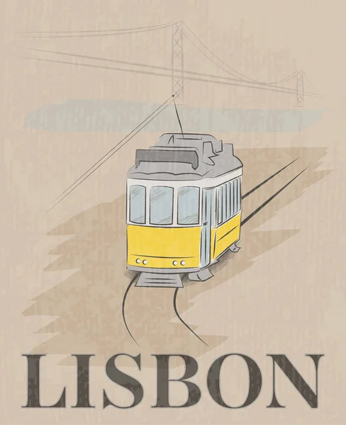 Poster Lisbona disegnato a mano con tram e ponte 25 de Abril — Vettoriale Stock