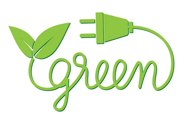 Verde simbolo di energia sostenibile, parola scritta a mano VERDE con foglie e spina elettrica — Vettoriale Stock