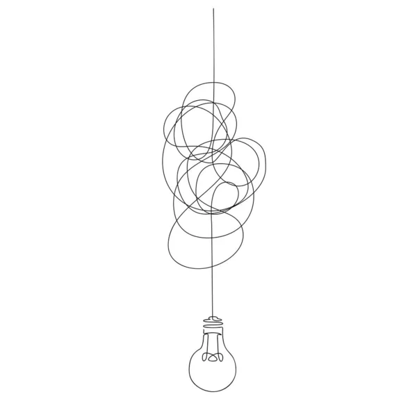 Single line drawing of hanging light bulb with tangled-up cord — Stock Vector