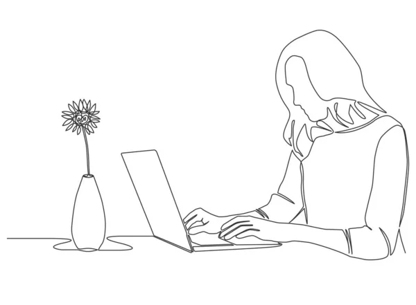 Single line drawing of woman using laptop computer — Διανυσματικό Αρχείο