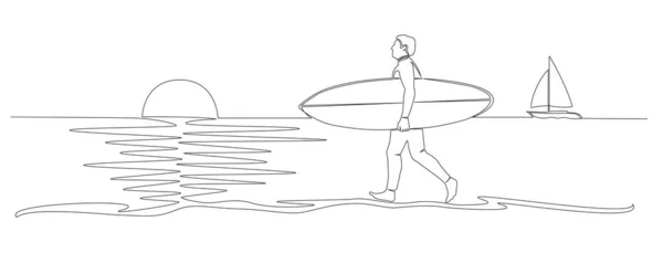 Single line drawing of man carrying surfboard on beach — Vetor de Stock