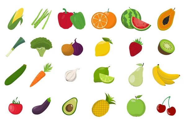 Grande Coleção Frutas Legumes Conjunto Ícones Design Plano Ilustração Vetorial — Vetor de Stock