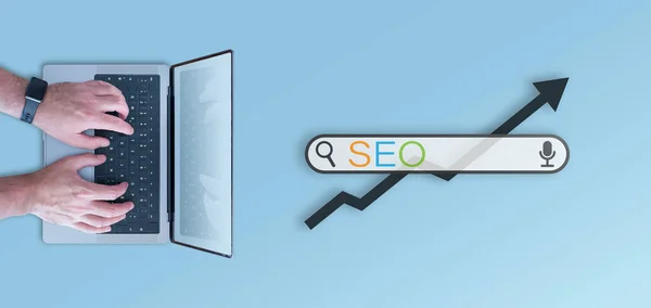 Seo Concept Top View Search Bar Person Using Laptop Computer — 图库照片