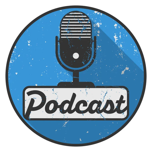 Grungy Scratched Circular Podcast Label Sticker Microphone Symbol Vector Illustration — Stockový vektor
