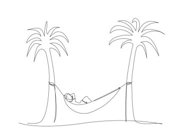 continuous single line drawing of person relaxing in hammock between palm trees, line art vector illustration