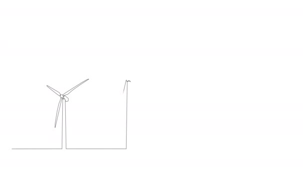 Анимированный Непрерывный Однолинейный Рисунок Ветряных Турбин Мультипликация Линий Возобновляемой Энергии — стоковое видео