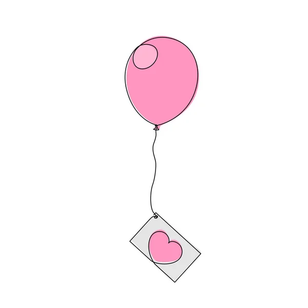 Σχέδιο Μιας Γραμμής Ευχετήρια Κάρτα Σχήμα Καρδιάς Κρέμεται Κόκκινο Μπαλόνι — Διανυσματικό Αρχείο