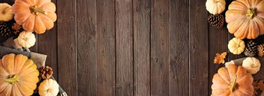 Sonbaharın sıcacık, koyu renkli ahşap bir arka planda çifte sınır. Manzaranın üstünde. Battaniye, balkabağı ve doğal dekor. Boşluğu kopyala.