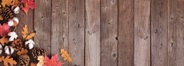 Sonbahar yaprakları ve doğal dekor. Köşe sınırı, koyu renk ahşap bir afişin üzerinde. Kopyalama alanı ile görünümün üstünde.